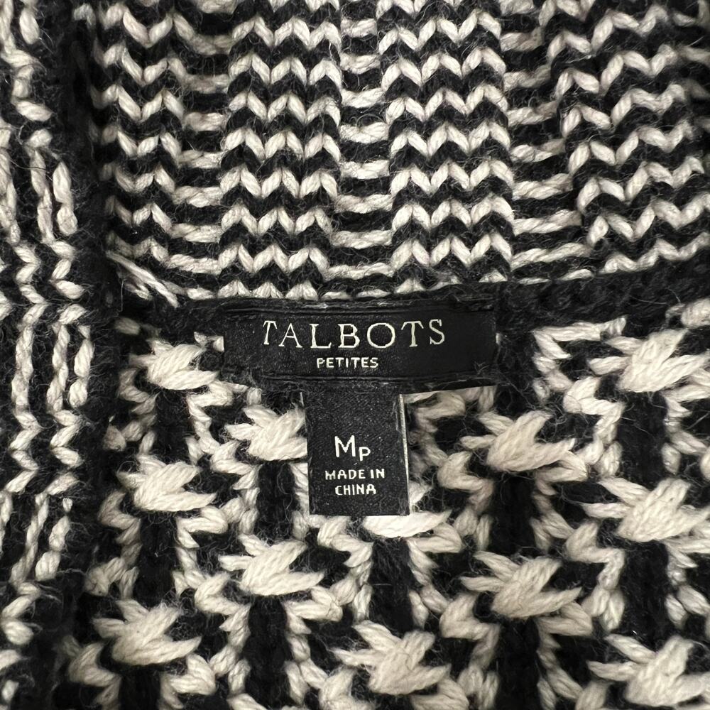Talbots Open Front Chunky Cardigan Women's M Petite Black White Cotton Wool Blnd - Picture 3 of 9
